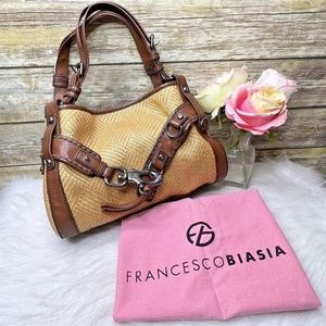 Francesco Biasia Beige Straw Brown Faux Leather Purse Shoulder Bag Satchel Tote